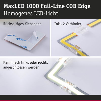 MaxLED 1000 Full-Line COB Edge LED-Licht mit rückseitigem Klebeband und zwei Verbindern für flexible Montage