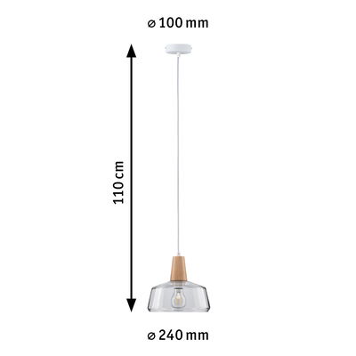 Pendant lamp with clear glass and wood detail, 240 mm diameter, 110 cm length, modern hanging light