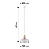 Suspension en verre transparent avec détail en bois, diamètre 240 mm, longueur 110 cm, lampe moderne