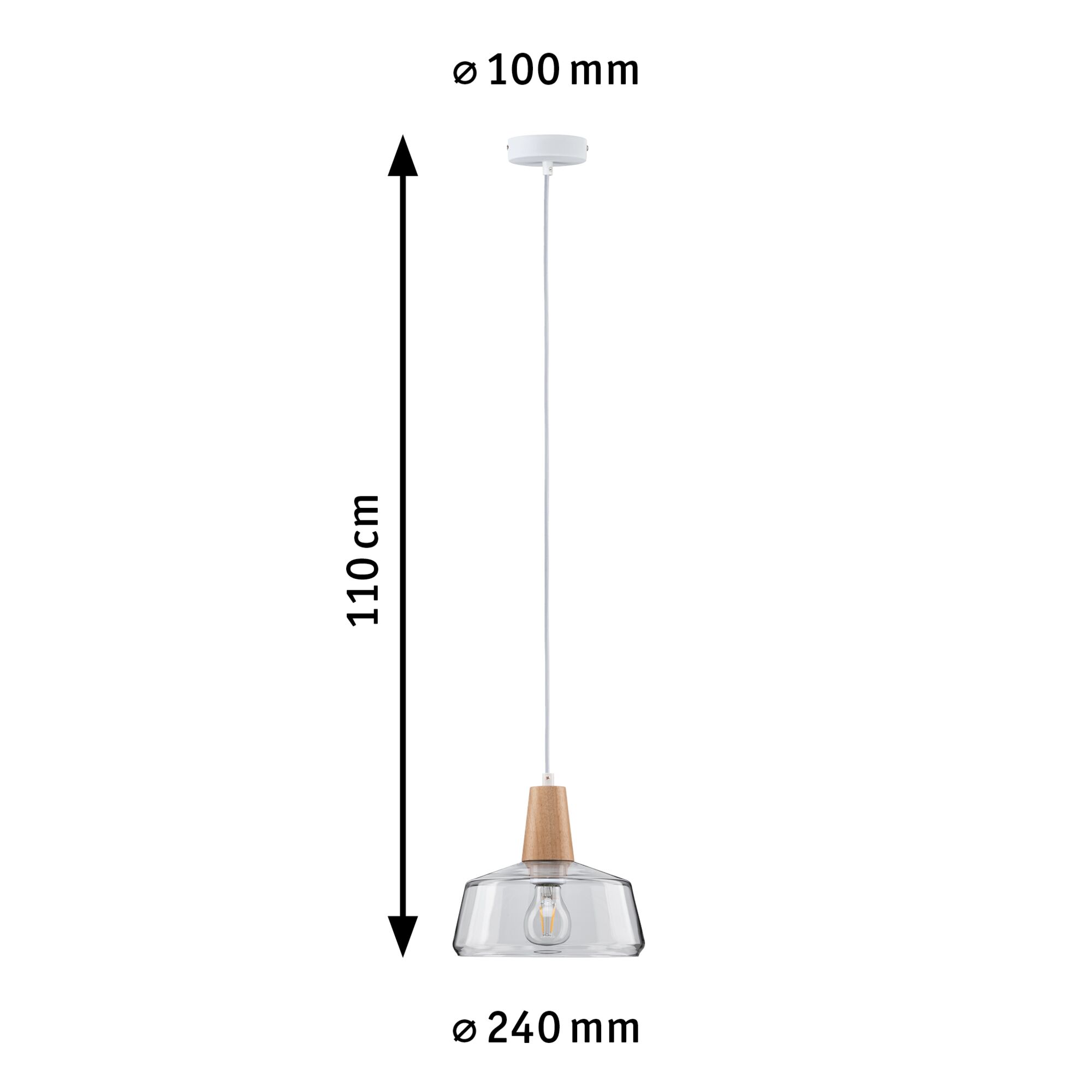 Suspension en verre transparent avec détail en bois, diamètre 240 mm, longueur 110 cm, lampe moderne