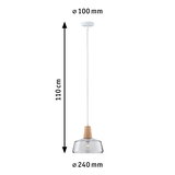 Suspension en verre transparent avec détail en bois, diamètre 240 mm, longueur 110 cm, lampe moderne