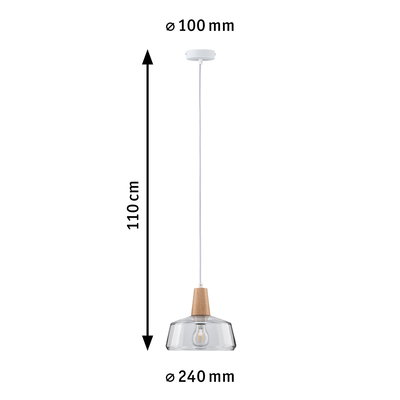 Pendant lamp with clear glass and wood detail, 240 mm diameter, 110 cm length, modern hanging light