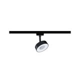 Black LED spotlight with white diffuser on track system for modern indoor lighting