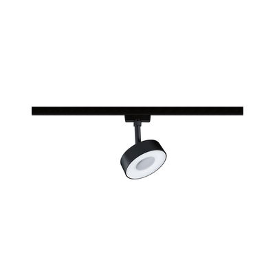 Black LED spotlight with white diffuser on track system for modern indoor lighting