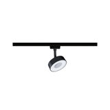 Schwarzer LED-Spot aus Metall mit weißem Diffusor an Schienensystem für moderne Innenbeleuchtung