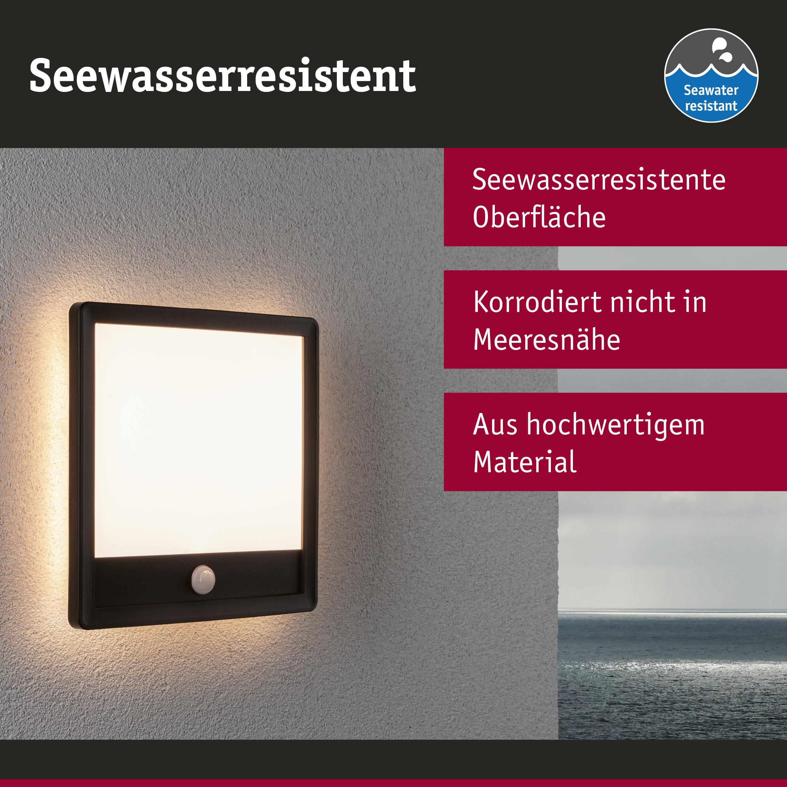Seewasserresistente quadratische Wandlampe mit schwarzem Rahmen und warmweißem Licht für Außenbereiche