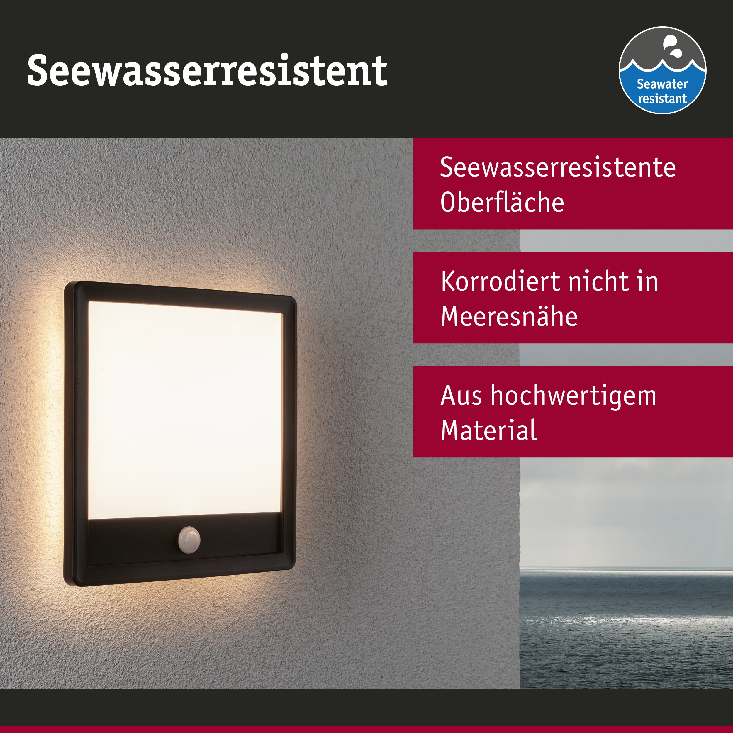 Schwarze Außenwandleuchte mit seewasserresistenter Oberfläche und Bewegungsmelder für Gartenbeleuchtung