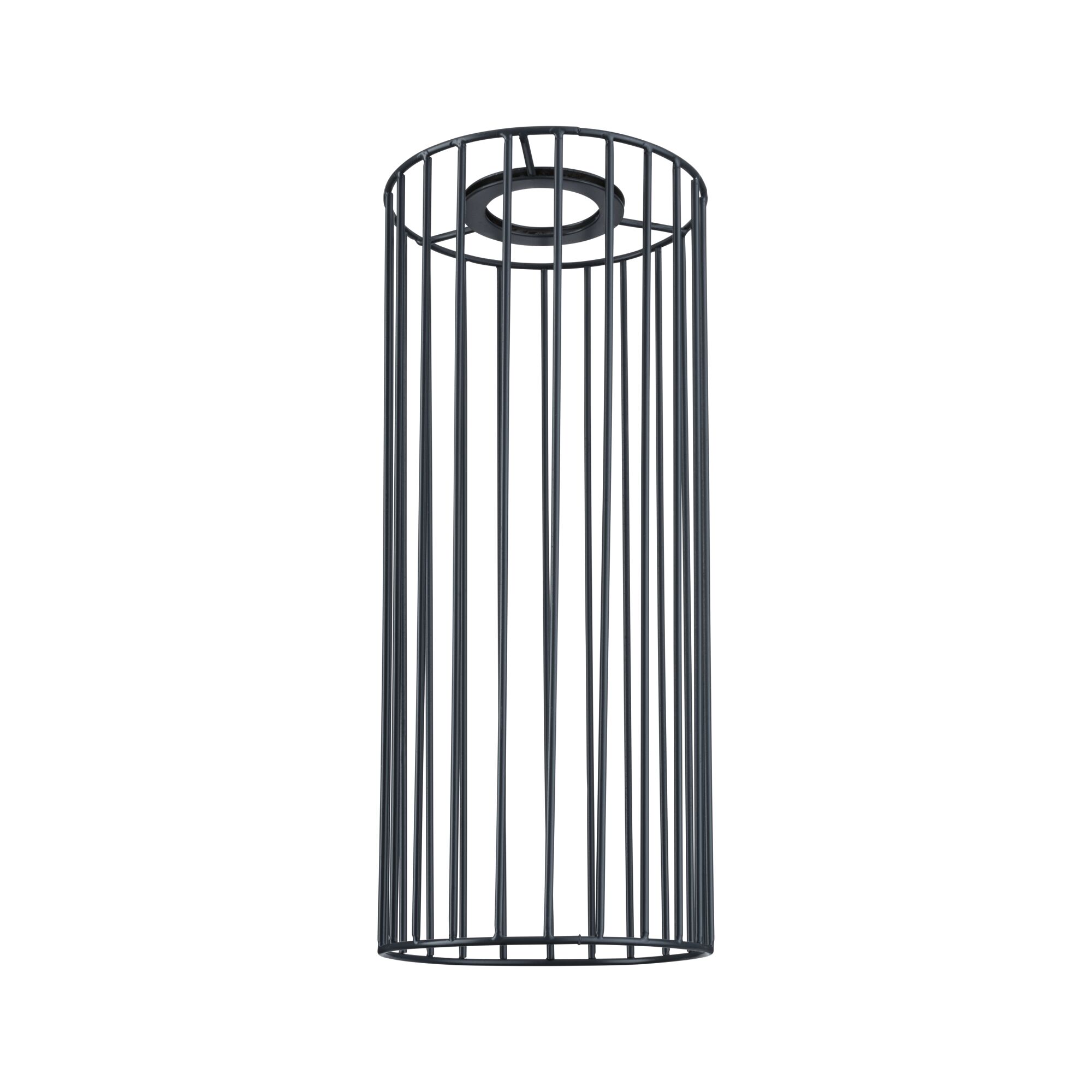 Black metal cage in cylindrical shape as lampshade for modern lighting design