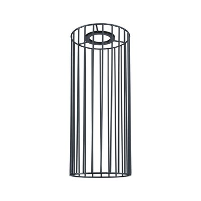 Black metal cage in cylindrical shape as lampshade for modern lighting design