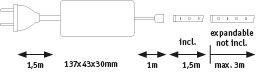 Technical drawing of a white power supply with cables and dimensions for LED lighting systems.