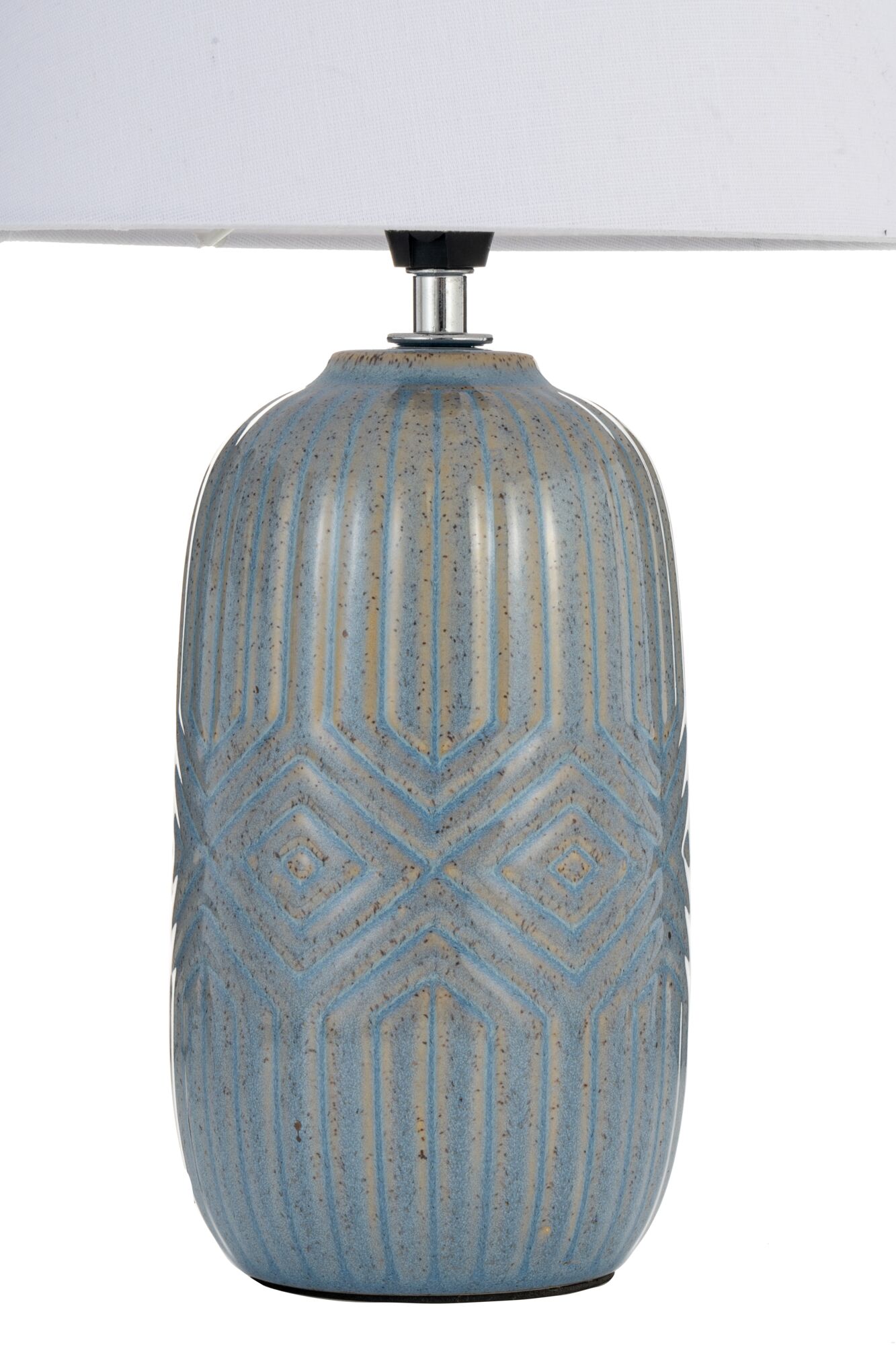 Ceramic table lamp with blue-beige geometric pattern and white fabric shade for home lighting