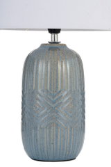 Ceramic table lamp with blue-beige geometric pattern and white fabric shade for home lighting