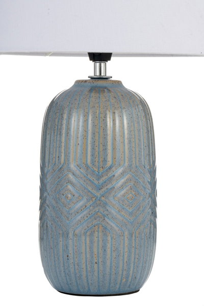 Ceramic table lamp with blue-beige geometric pattern and white fabric shade for home lighting