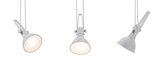 Three white LED spotlights with adjustable clamps for versatile lighting solutions.