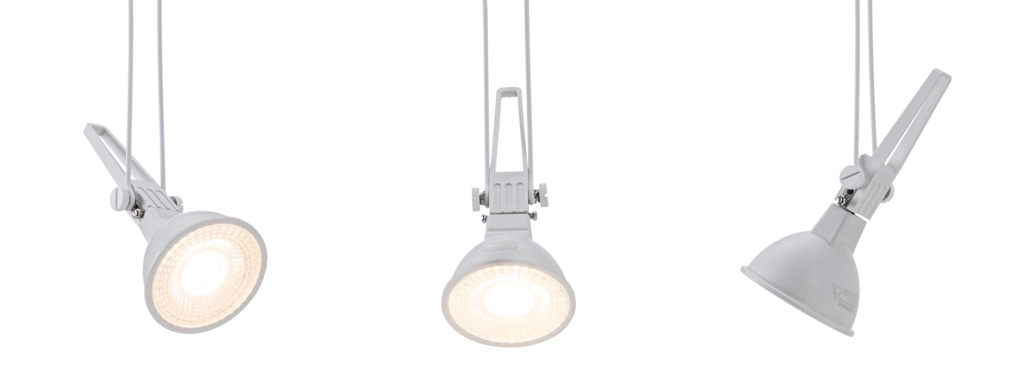 Three white LED spotlights with adjustable clamps for versatile lighting solutions.