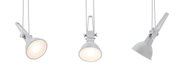 Three white LED spotlights with adjustable clamps for versatile lighting solutions.