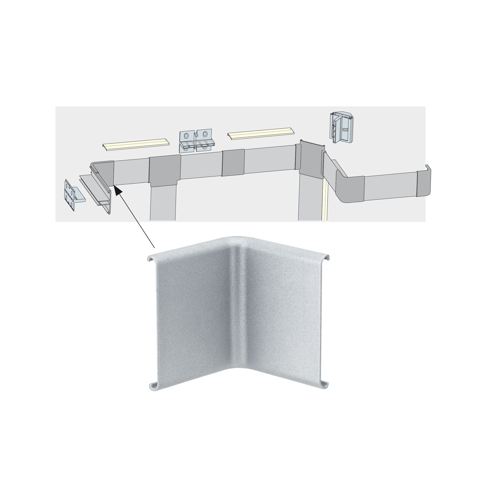 Technische tekening van zilverkleurig aluminium hoekprofiel voor LED-strips met montage-instructie