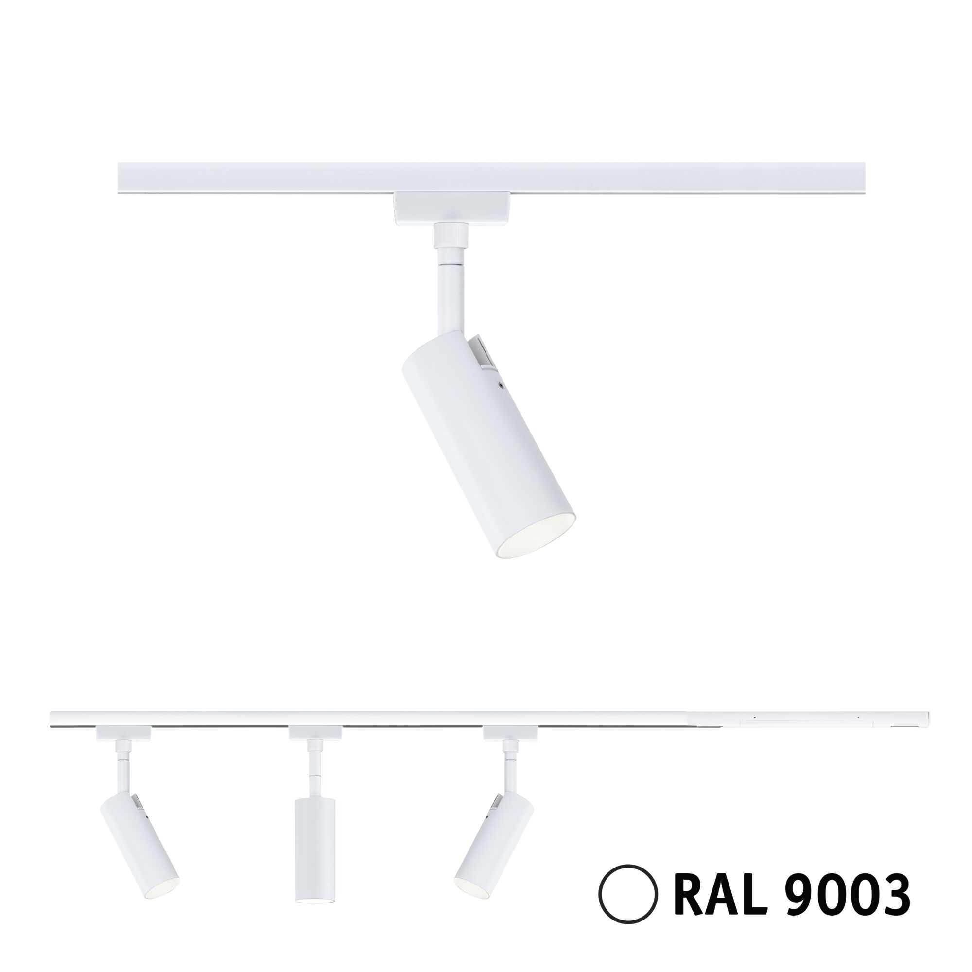 URail Reflektor torowy Tubo Zestaw startowy 3x150lm 3x4W 3000K ściemnialny 230V Sygnał biały Modern white metal LED spotlight for track system in RAL 9003, energy-efficient lighting solution