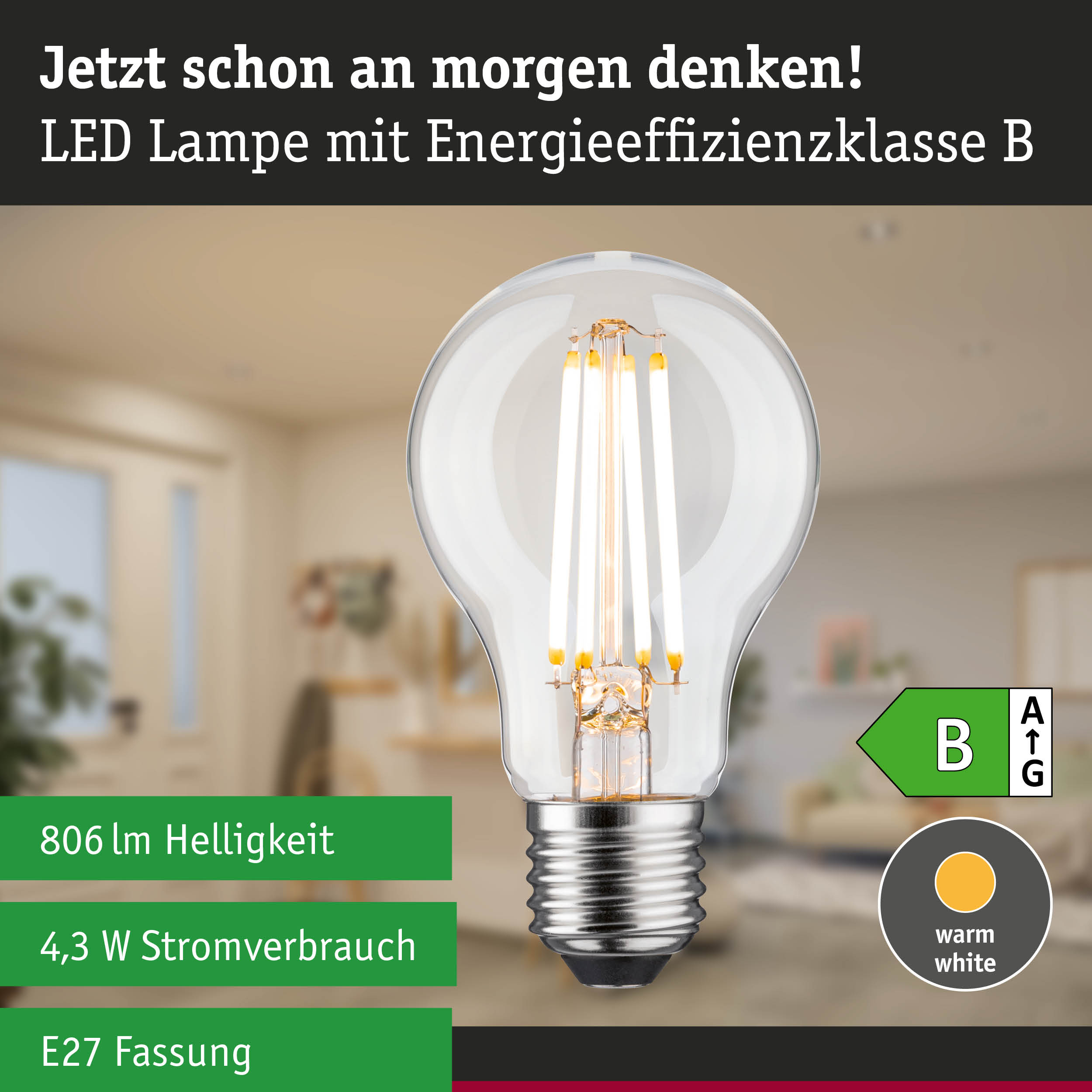 Klarer LED-Leuchtmittel mit warmweißem Licht und hoher Energieeffizienz, dimmbar in drei Stufen