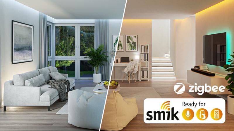 Modernes Wohnzimmer mit Smart-Home-Beleuchtung und Zigbee-kompatiblen Smik-Lichtsteuerungen.