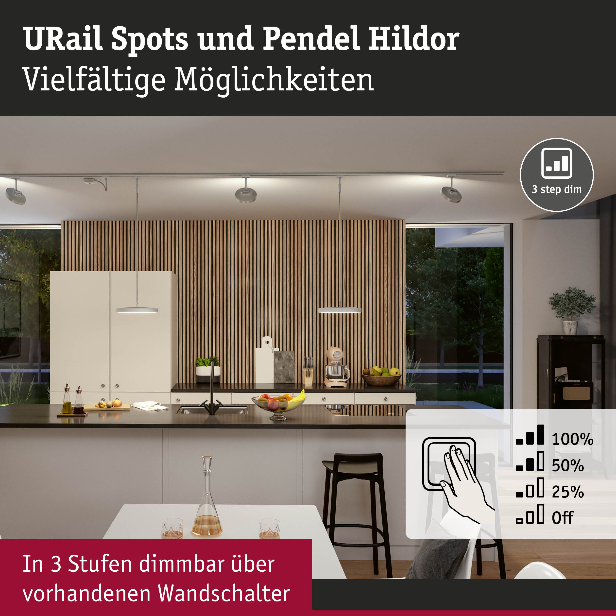 Moderne URail Spots und Pendel Hildor in Weiß mit 3-Stufen-Dimmung für flexible Küchenbeleuchtung