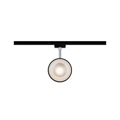 Runde LED-Schienenleuchte mit schwarzem Rahmen und weißem Diffusor für moderne Innenbeleuchtung