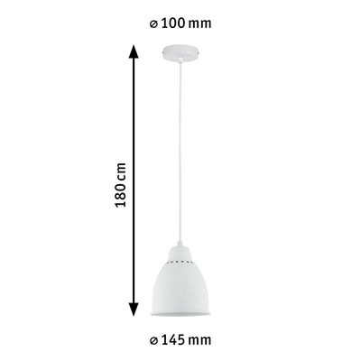 White metal pendant lamp with 180 cm cable and 145 mm shade diameter, modern LED lighting fixture