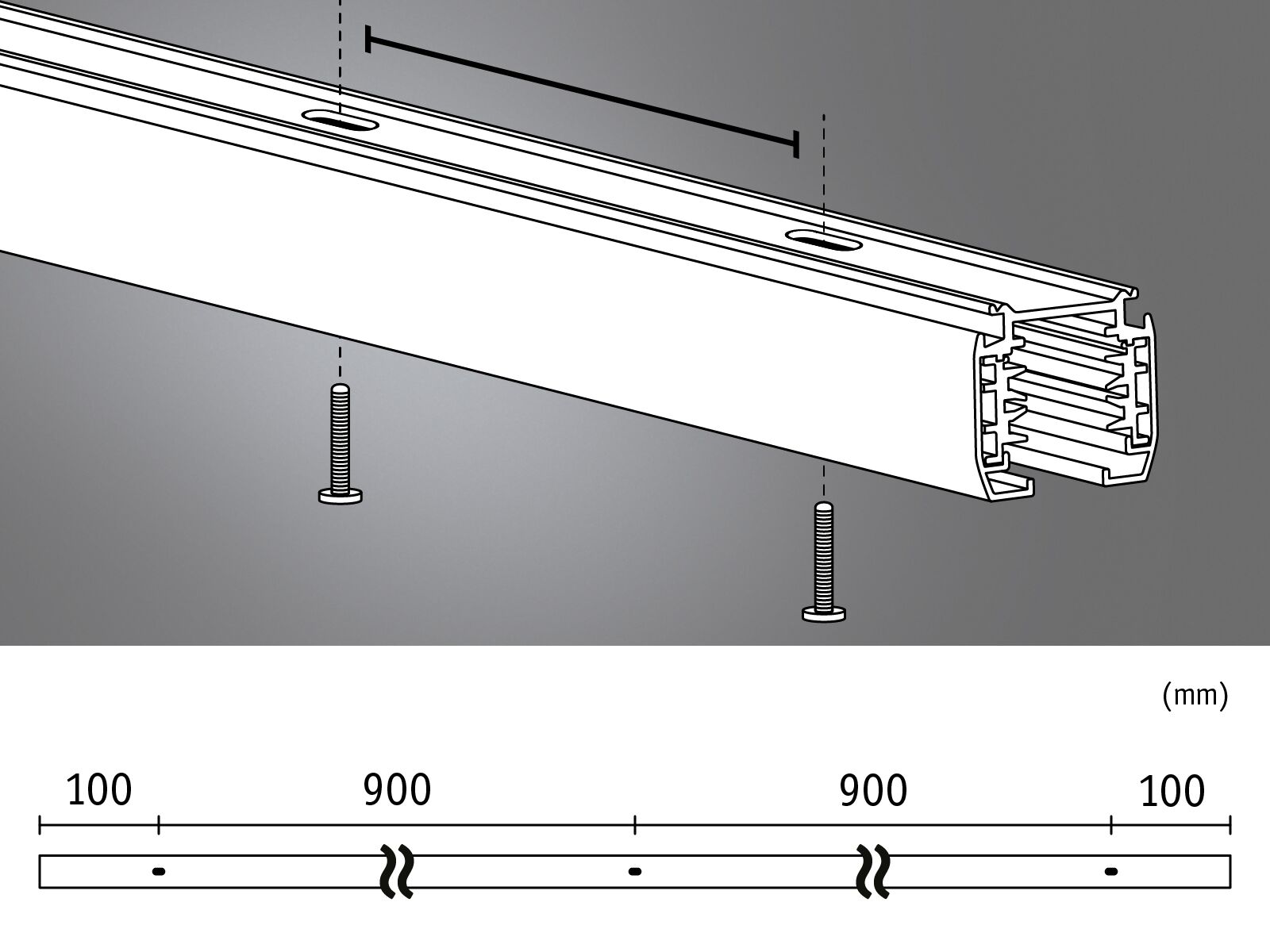 Technische Zeichnung eines weißen Aluminium-Profils mit Schrauben und Maßangaben in Millimetern für LED-Schienen.