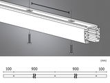 Technische Zeichnung eines weißen Aluminium-Profils mit Schrauben und Maßangaben in Millimetern für LED-Schienen.