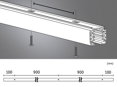 Technische Zeichnung eines weißen Aluminium-Profils mit Schrauben und Maßangaben in Millimetern für LED-Schienen.