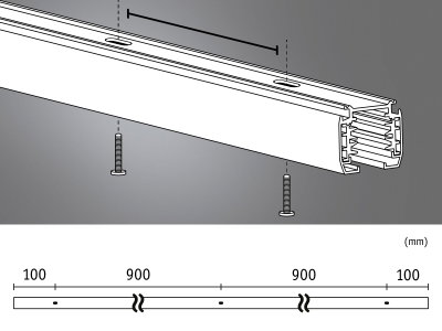 Teknisk tegning af hvidt aluminiumprofil med skruer og millimeter mål til LED-skinner.