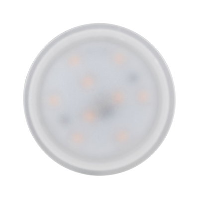 Rundes LED-Leuchtmittel mit milchigem Kunststoffgehäuse und warmweißen LEDs für energiesparende Beleuchtung