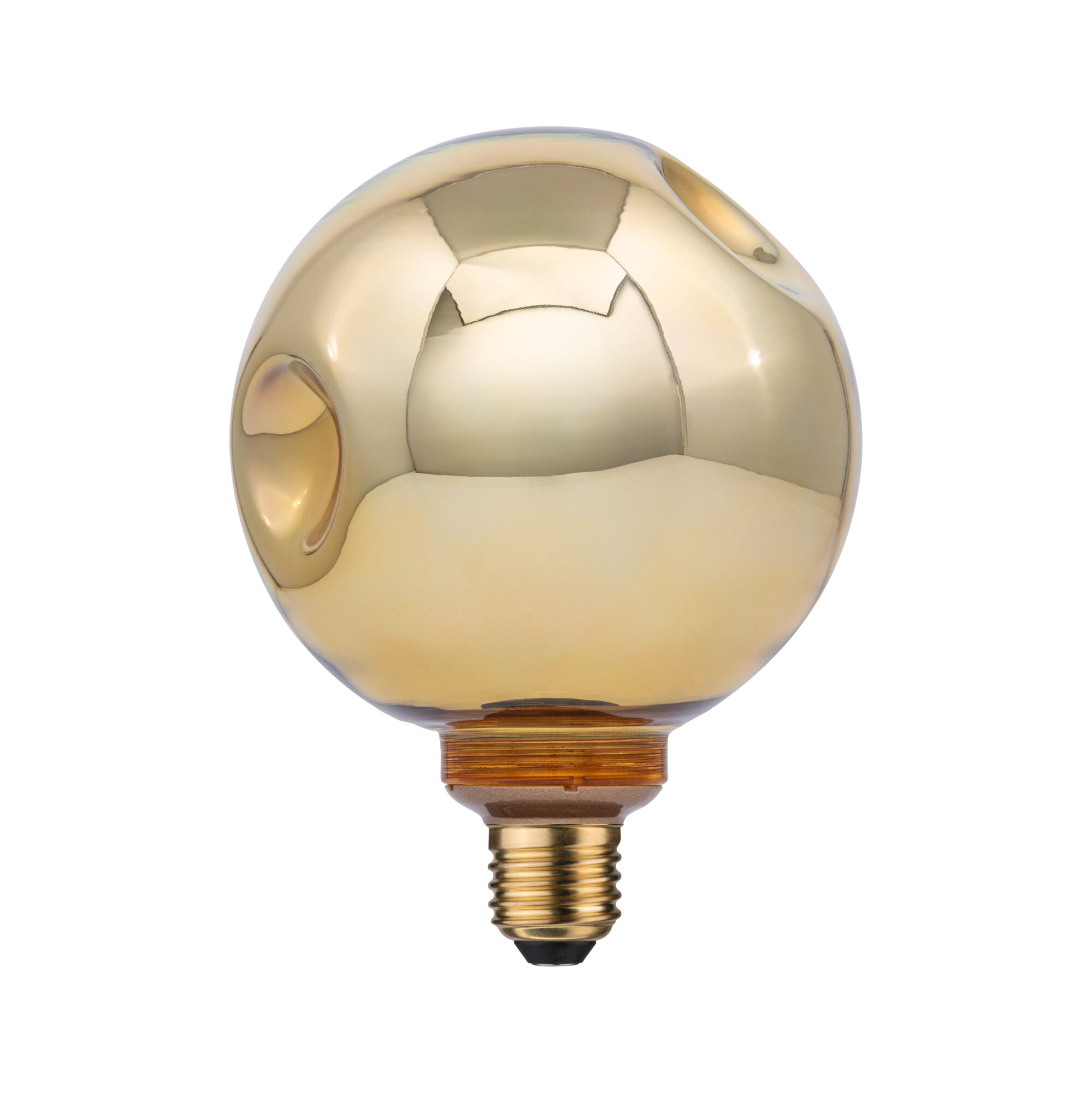 Round LED bulb with gold-tinted glass and E27 base for decorative lighting use