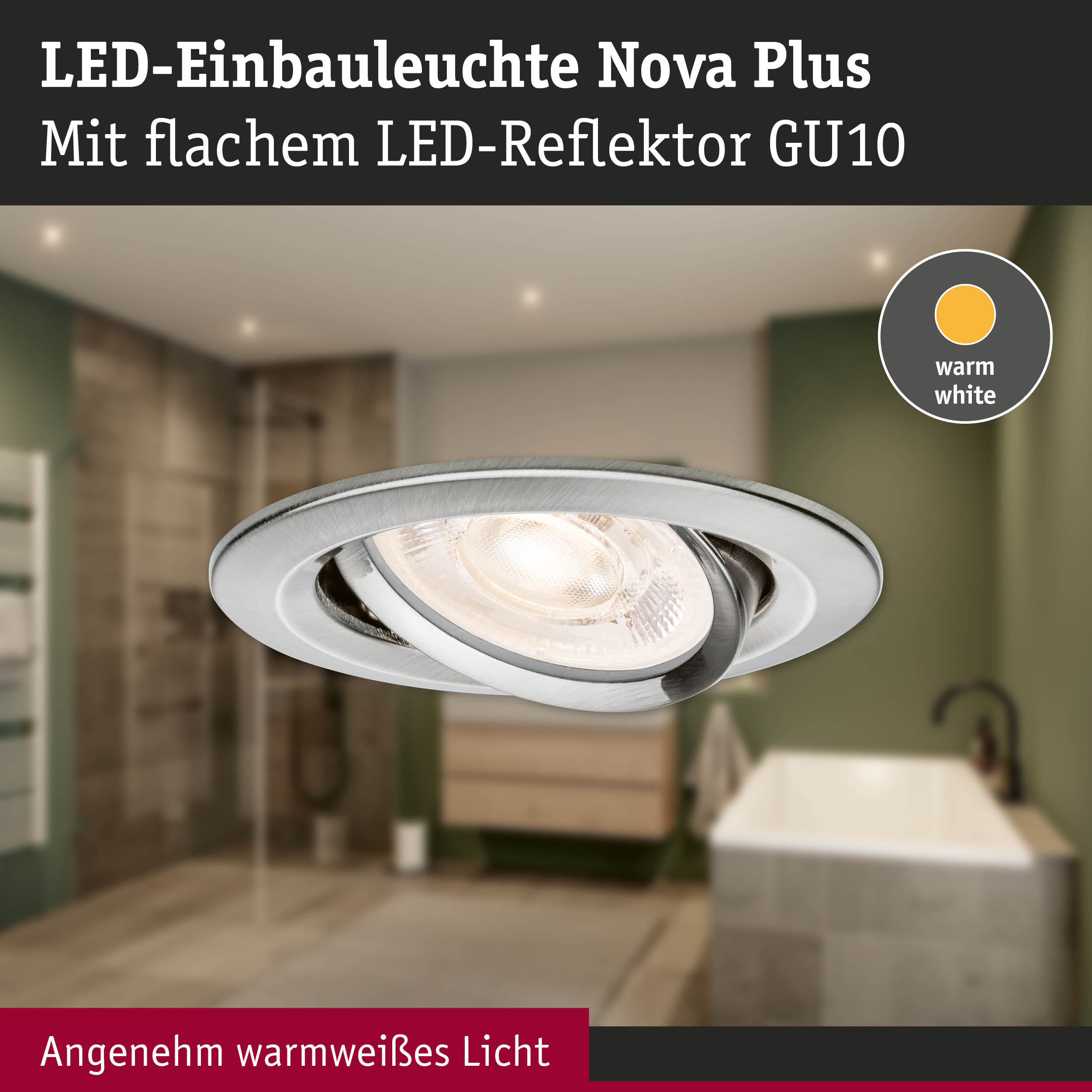 LED-Einbauleuchte Nova Plus aus gebürstetem Metall mit warmweißem Licht für Badezimmerbeleuchtung