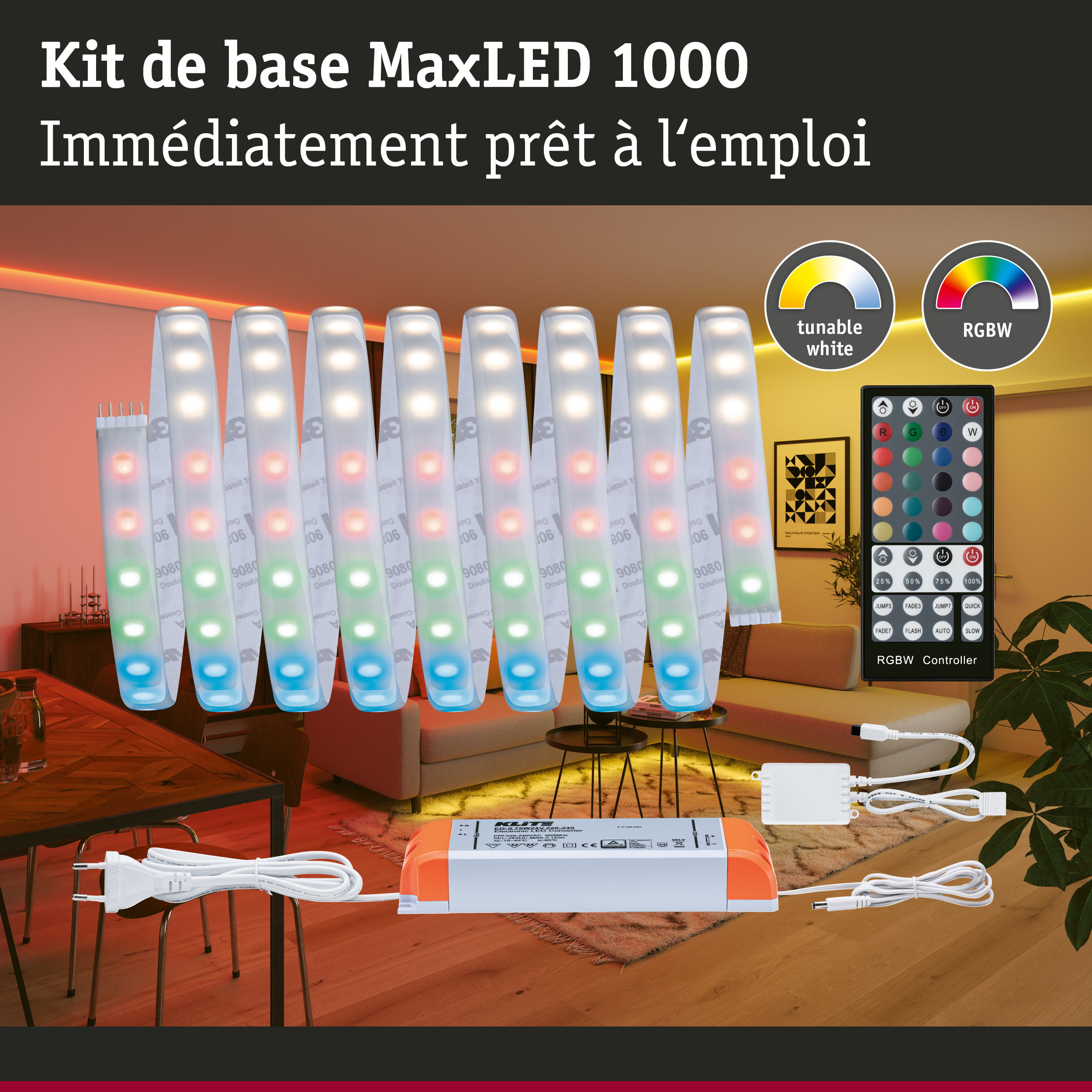Kit bande LED MaxLED 1000 avec contrôleur RGBW et alimentation pour éclairage coloré du salon