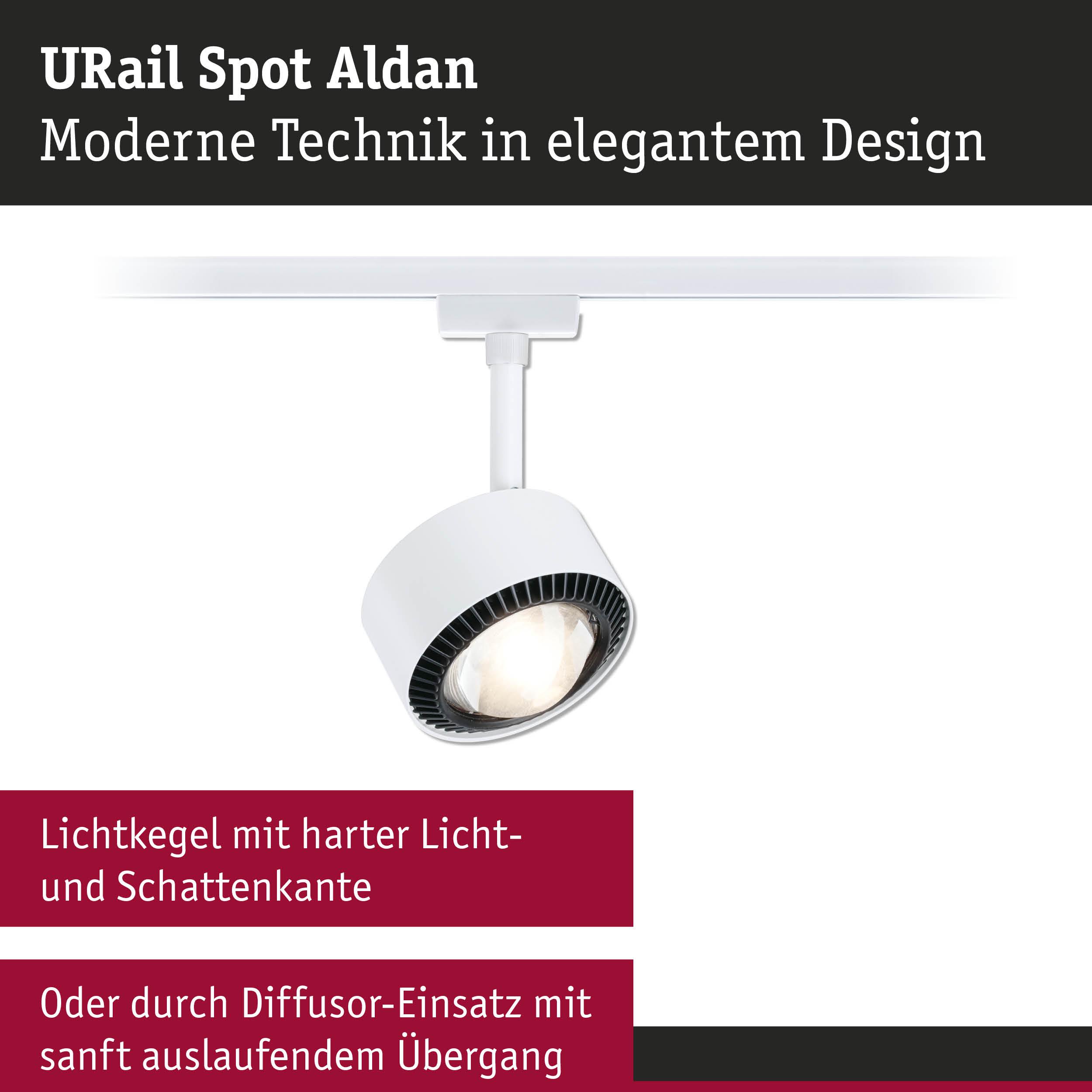 Weißer URail Spot Aldan LED-Strahler mit modernem Design und scharfem Lichtkegel für Schienensysteme