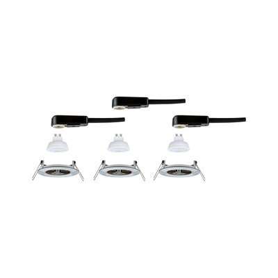 Drei weiße Einbaustrahler mit GU10 LED-Leuchtmitteln und schwarzen Anschlusskabeln für Deckenmontage