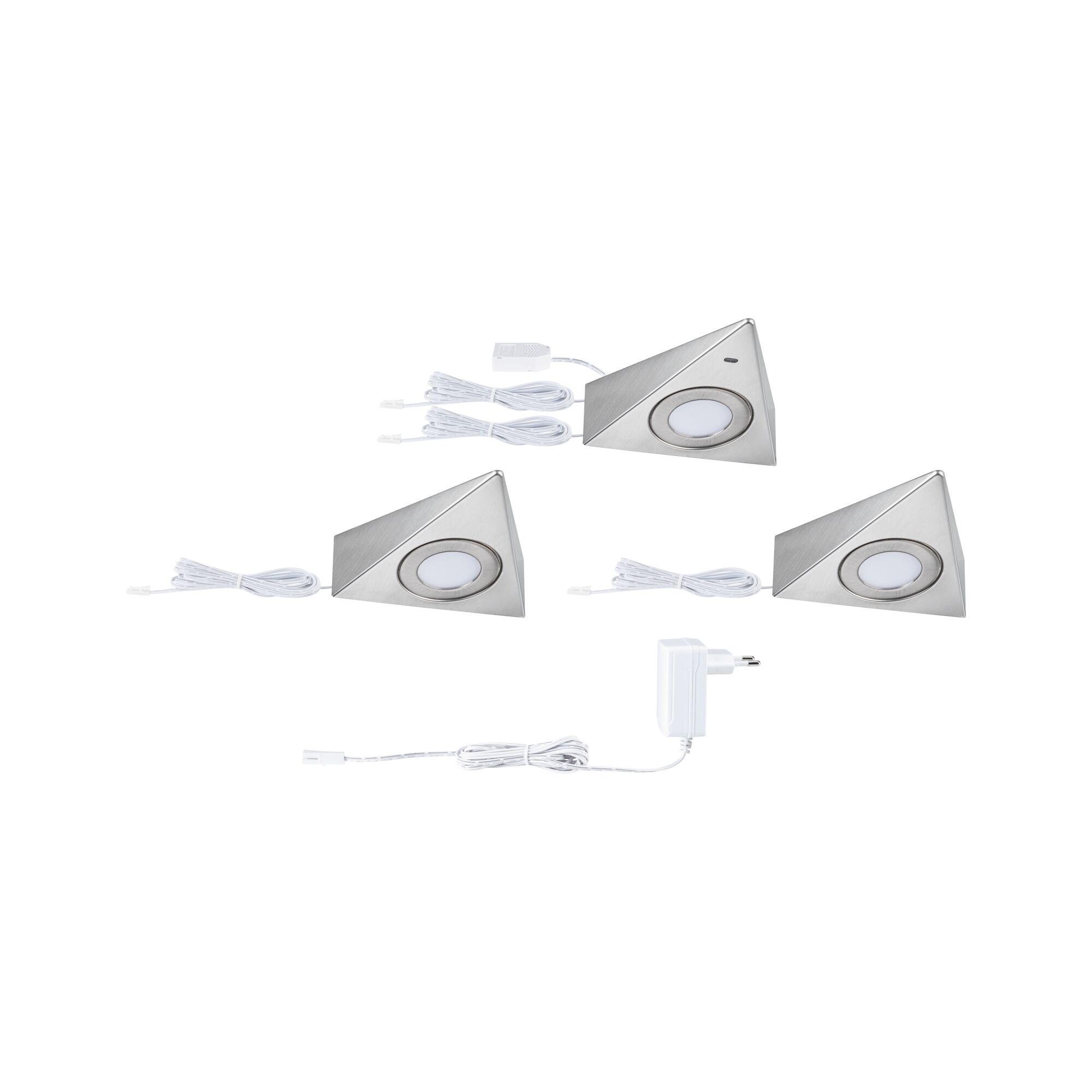 Drie driehoekige LED-onderbouwlampen van geborsteld roestvrij staal met witte kabels en adapter voor keukenverlichting