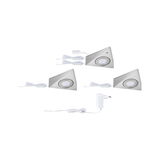Drie driehoekige LED-onderbouwlampen van geborsteld roestvrij staal met witte kabels en adapter voor keukenverlichting