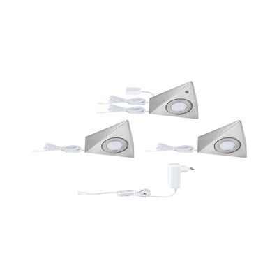 Drie driehoekige LED-onderbouwlampen van geborsteld roestvrij staal met witte kabels en adapter voor keukenverlichting