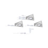 Ensemble de trois lampes LED sous meuble en acier inoxydable brossé avec câbles blancs et adaptateur