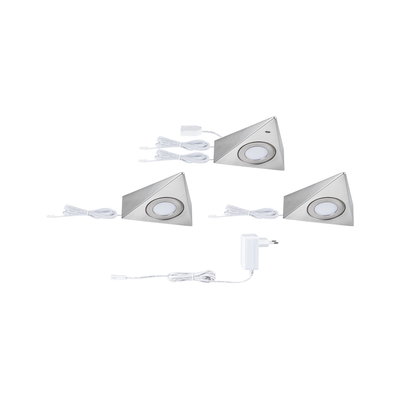 Trois lampes LED triangulaires en acier inoxydable brossé avec câbles blancs et adaptateur secteur