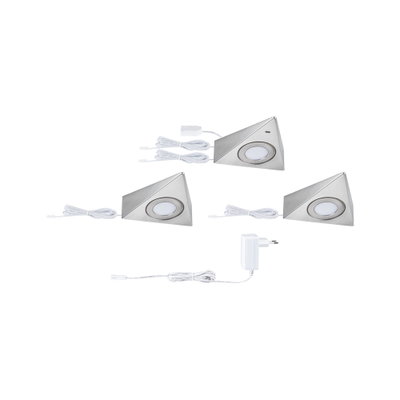 Trois lampes LED triangulaires en acier inoxydable brossé avec câbles blancs et adaptateur secteur