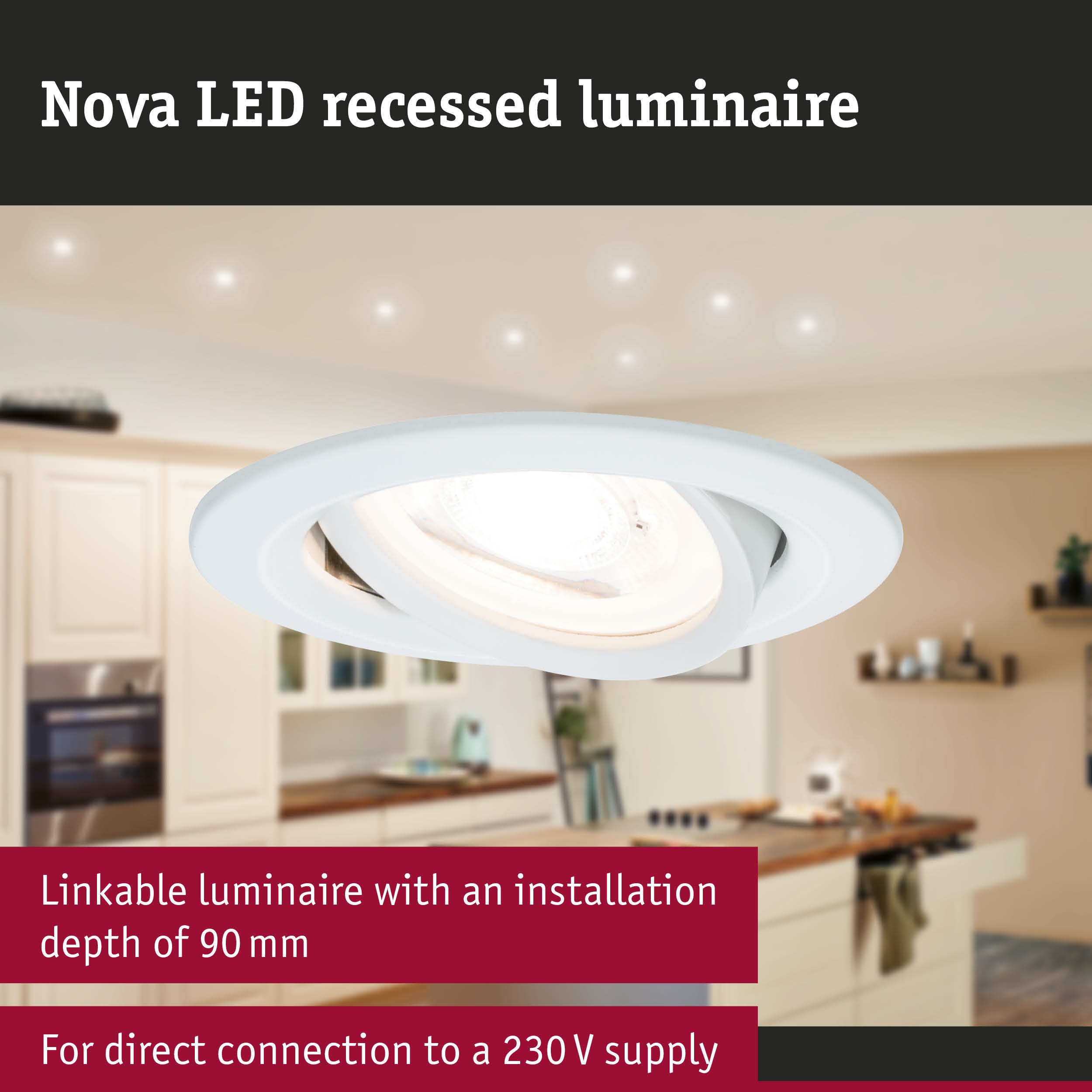 White Nova LED recessed luminaire made of plastic with 90 mm installation depth for 230V supply