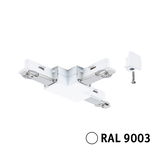 White RAL 9003 metal and plastic connector for LED track lighting with screws included.