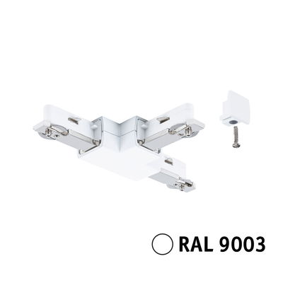Weißer RAL 9003 Verbinder aus Metall und Kunststoff für LED-Schienenbeleuchtung mit Schrauben.