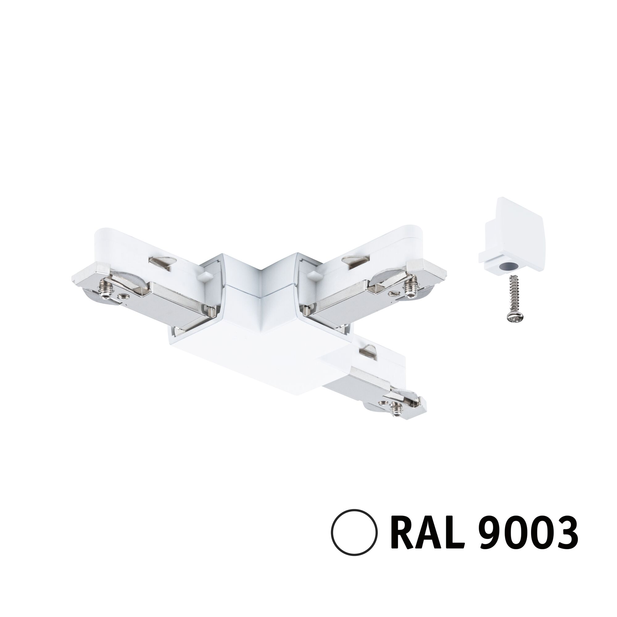 URail Connector T-piece 104x62mm max. 1000W Signal white White RAL 9003 metal and plastic connector for LED track lighting with screws included.