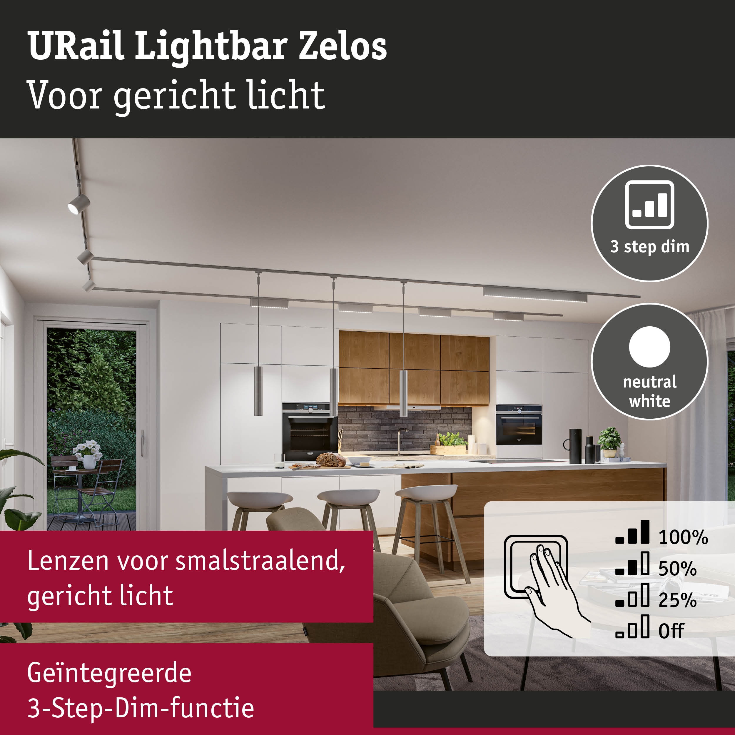URail Lightbar Zelos witte plafondlamp met 3-staps dimfunctie en gericht licht