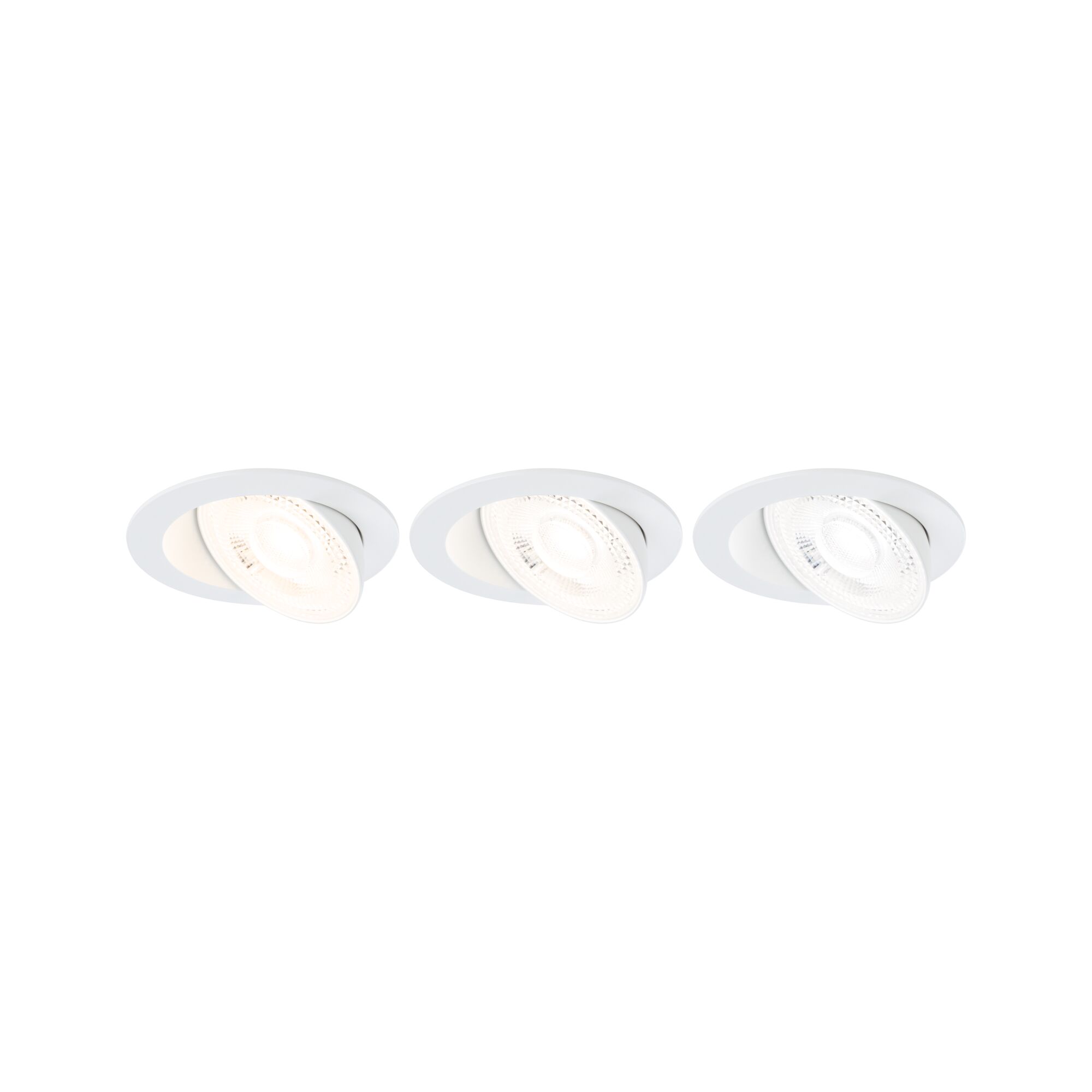 Three white recessed spotlights with adjustable LED lights for modern indoor lighting