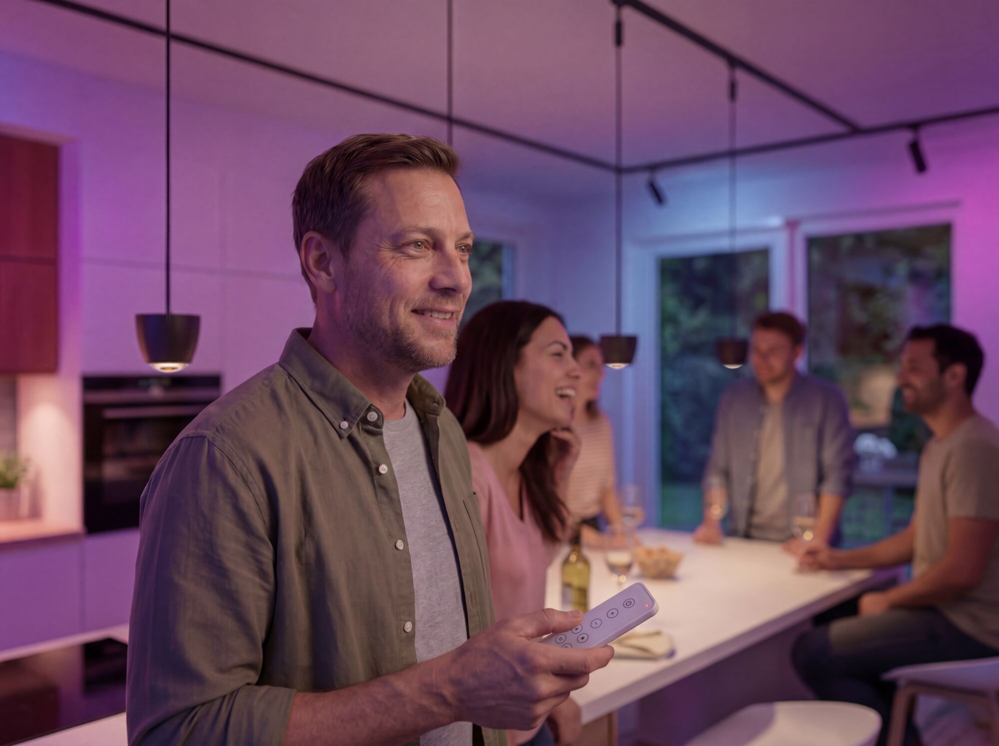 Man controls smart LED pendant lights in modern kitchen with remote, cozy ambient lighting